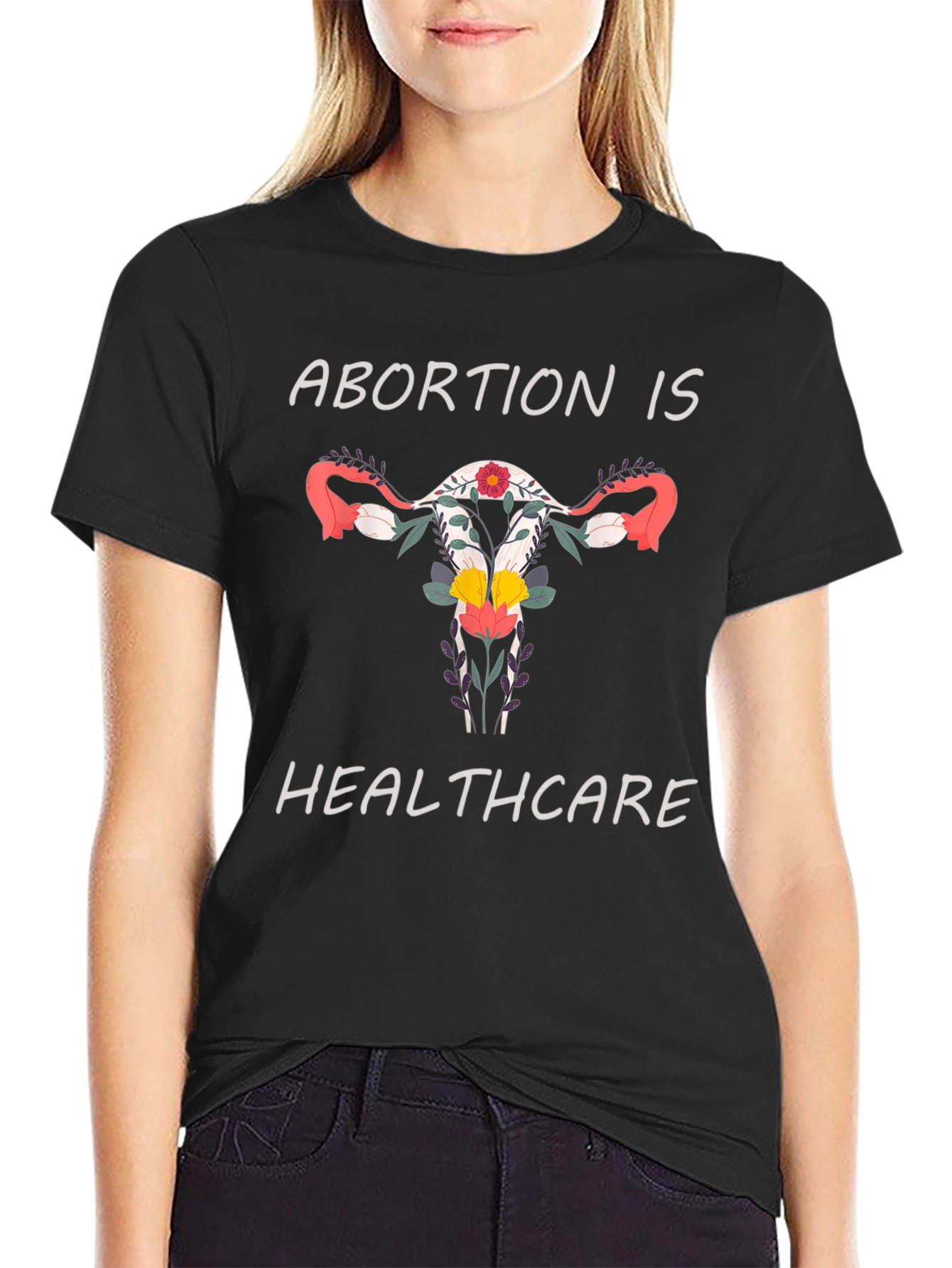 Abortion is Healthcare Uterus Floral Black T-Shirt