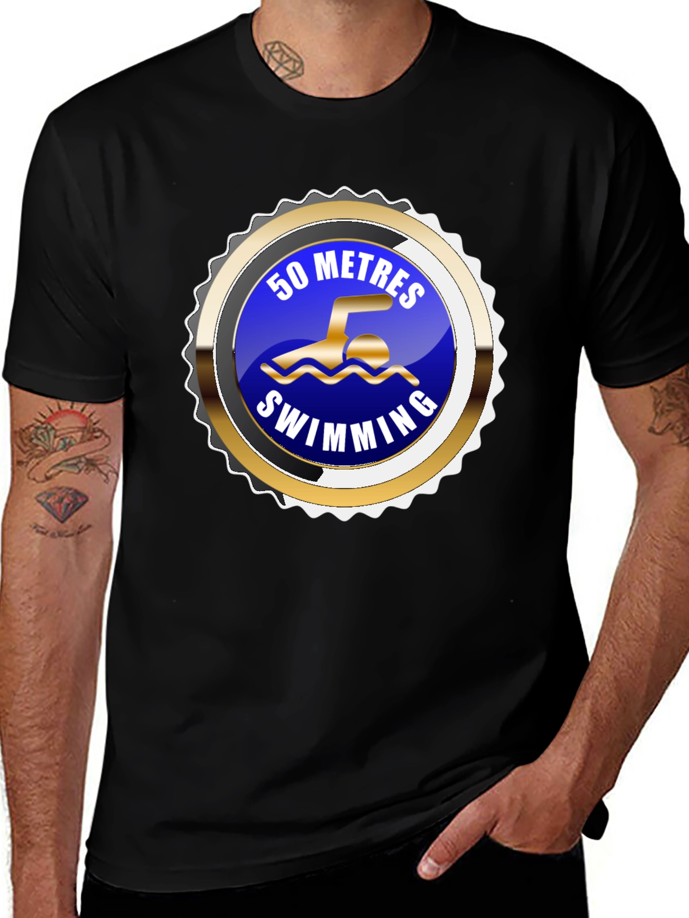 50 Metres Swimming T-Shirt - Black Sporty Design
